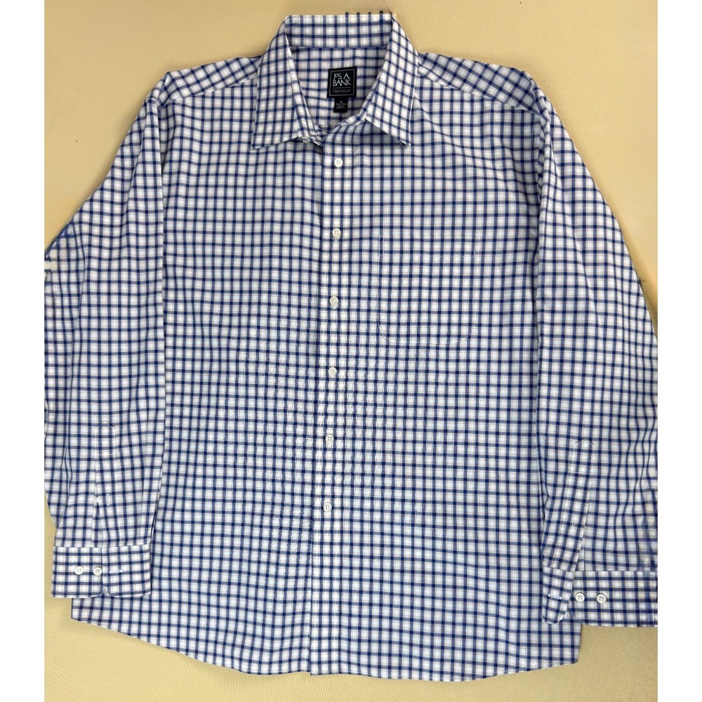 Jos A Bank Traveler XL Blue Tan Gingham‎ Shirt Long Sleeve No Iron Cotton